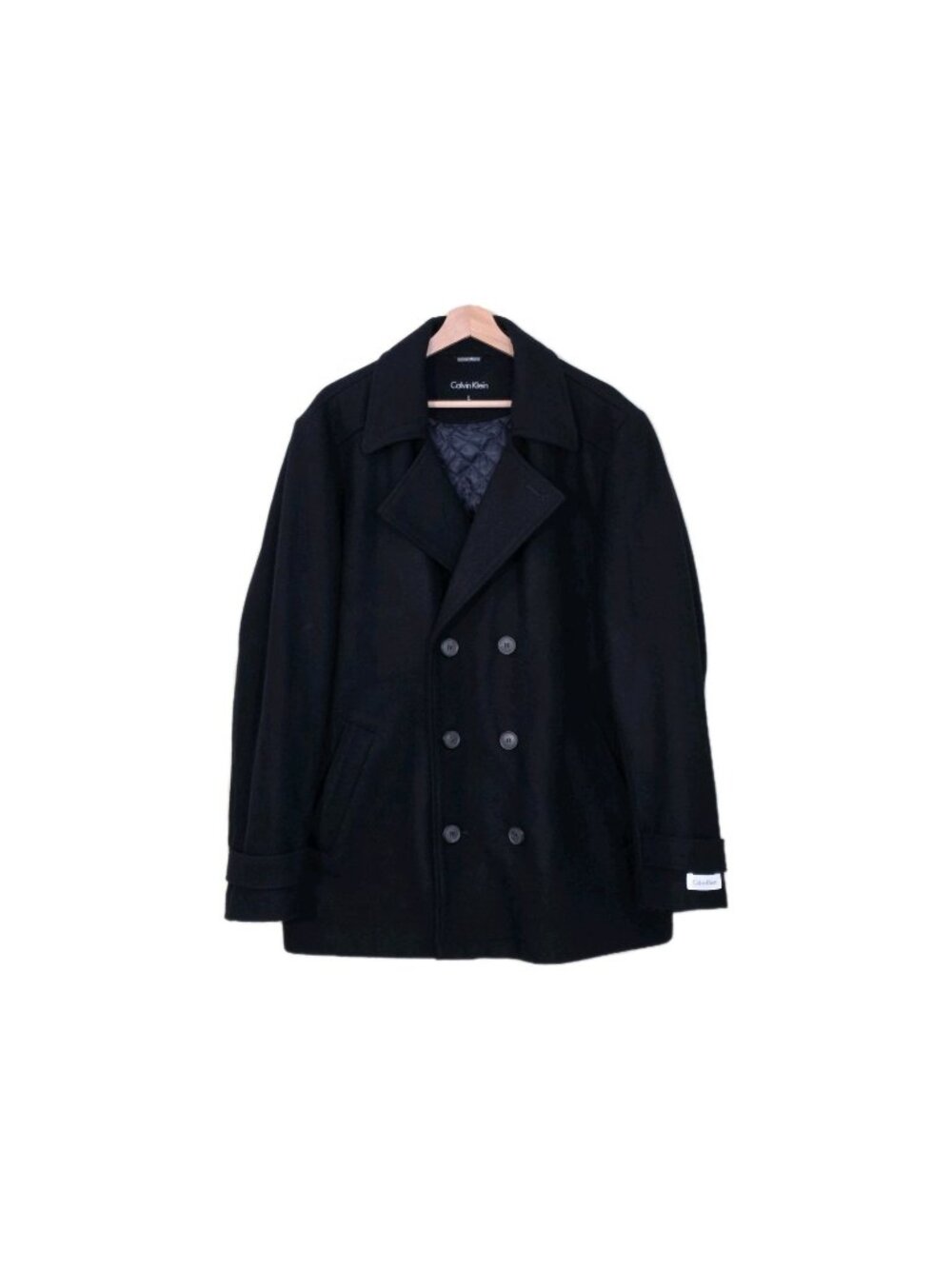 Calvin Klein Peacoat Men L Black Double Breasted Quilted Lining Pockets Timeless